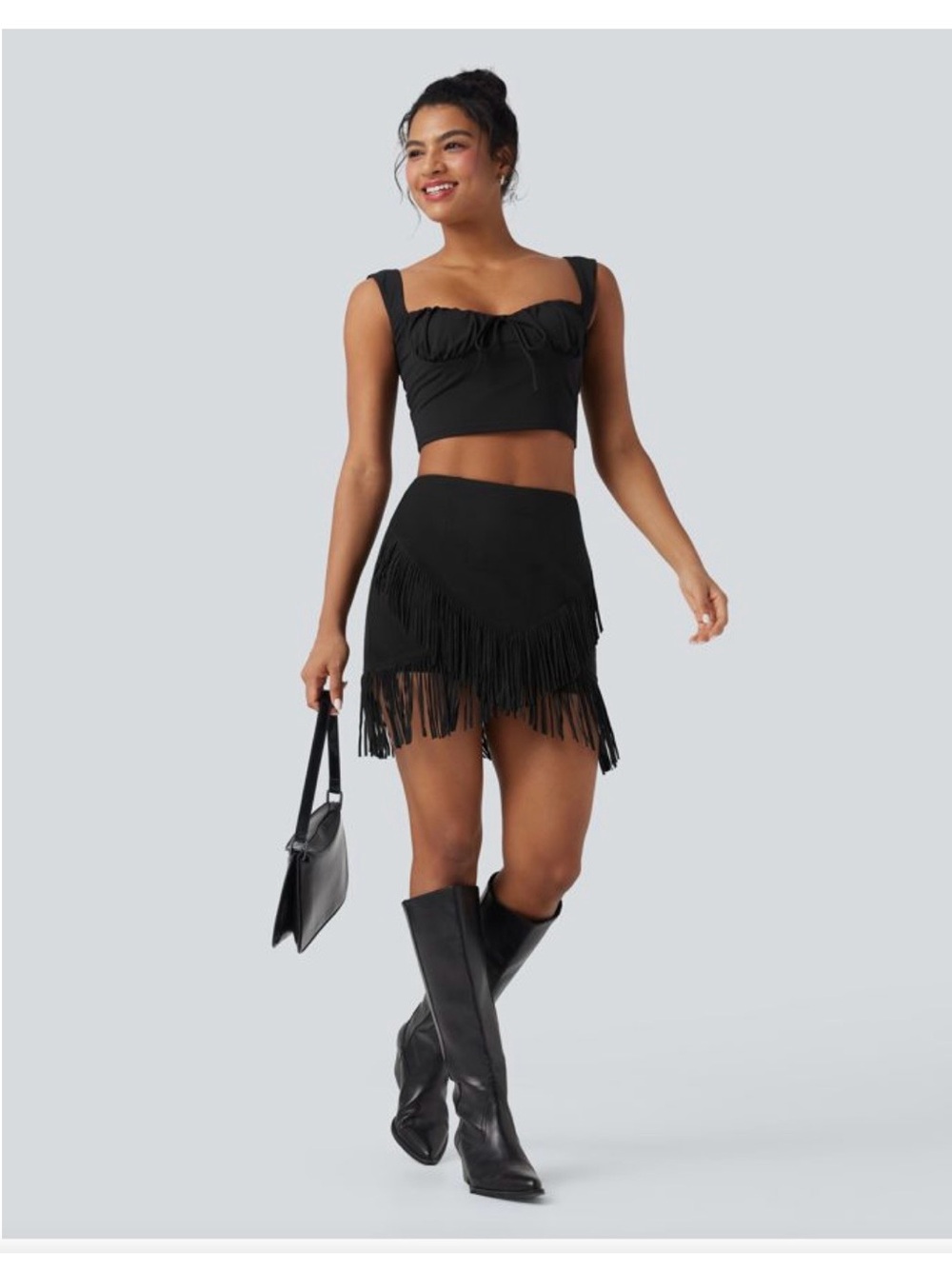 Halara High Waist 2 in 1 Black Fringe Bodycon Mini Faux Suede Skirt - Small